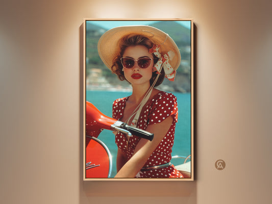 Experience retro charm with this pin-up girl art print. She is on a scooter in a red polka dot dress. The artwork captures vintage travel fashion with a teal blue backdrop. A perfect retro aesthetic canvas to add a unique touch to your home decor. A great birthday gift for her or any retro lover.