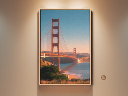 Framed Golden Gate Bridge photography art. This San Francisco cityscape canvas print brings a coastal ocean view to your home. A perfect travel gift for entry hall decor. The red bridge artwork offers a Bay Area landscape in a contemporary style.
