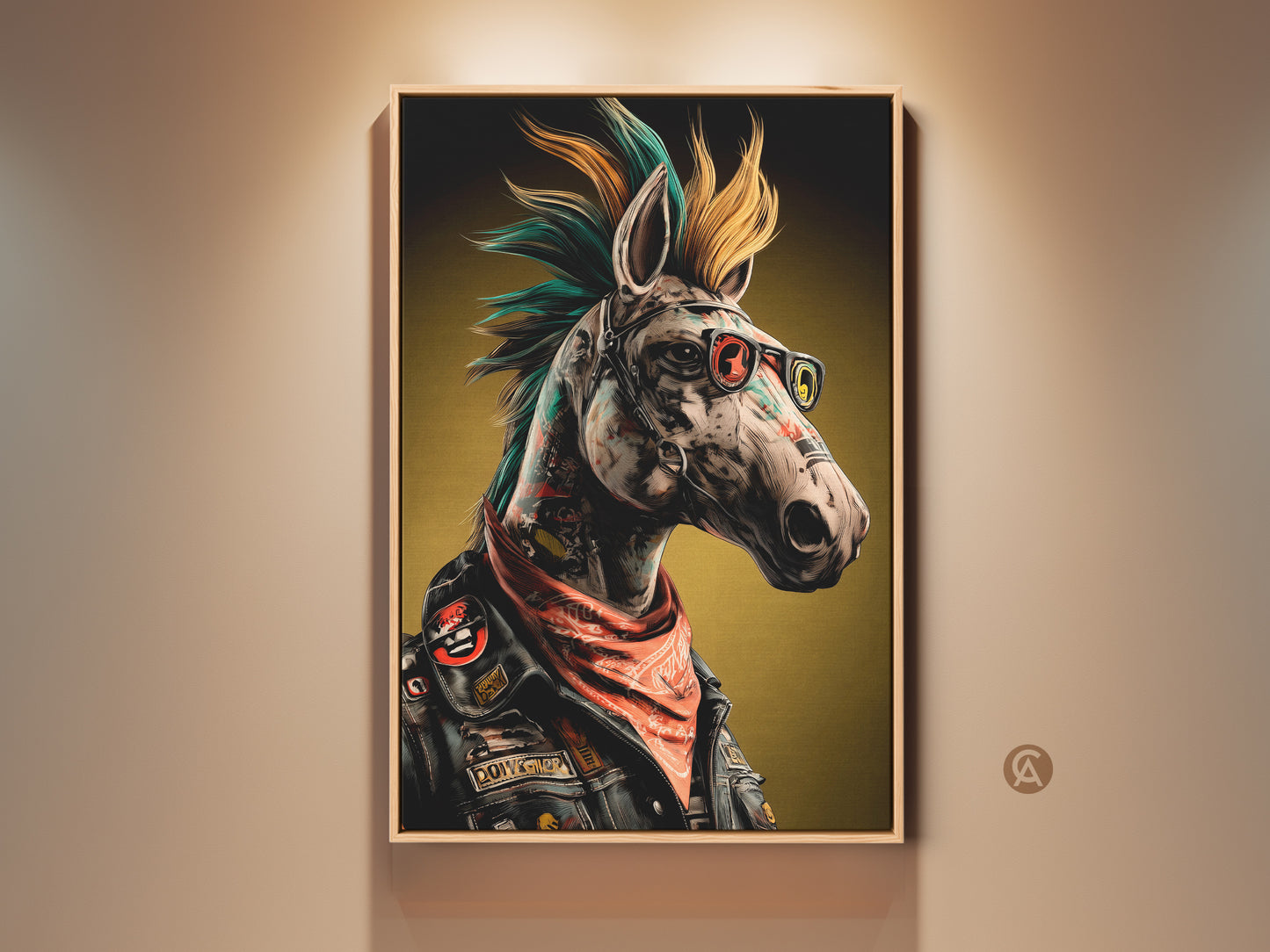 This Neo-Punk Horse Canvas Print is framed. See the surreal animal art with teal orange yellow colors. Eclectic home decor for cool office wall decor or edgy living room art. Consider this unique gift for him punk rock fans rebellion poster art and more.