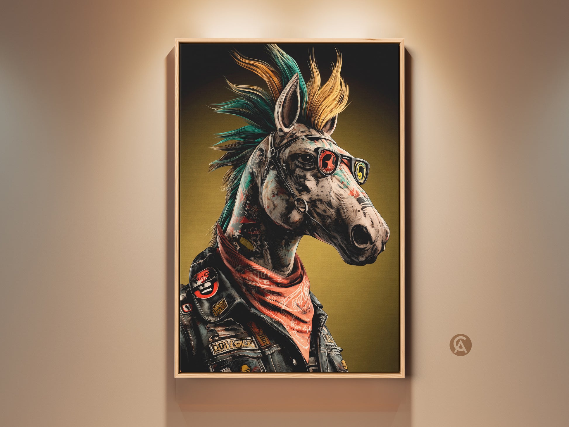 This Neo-Punk Horse Canvas Print is framed. See the surreal animal art with teal orange yellow colors. Eclectic home decor for cool office wall decor or edgy living room art. Consider this unique gift for him punk rock fans rebellion poster art and more.