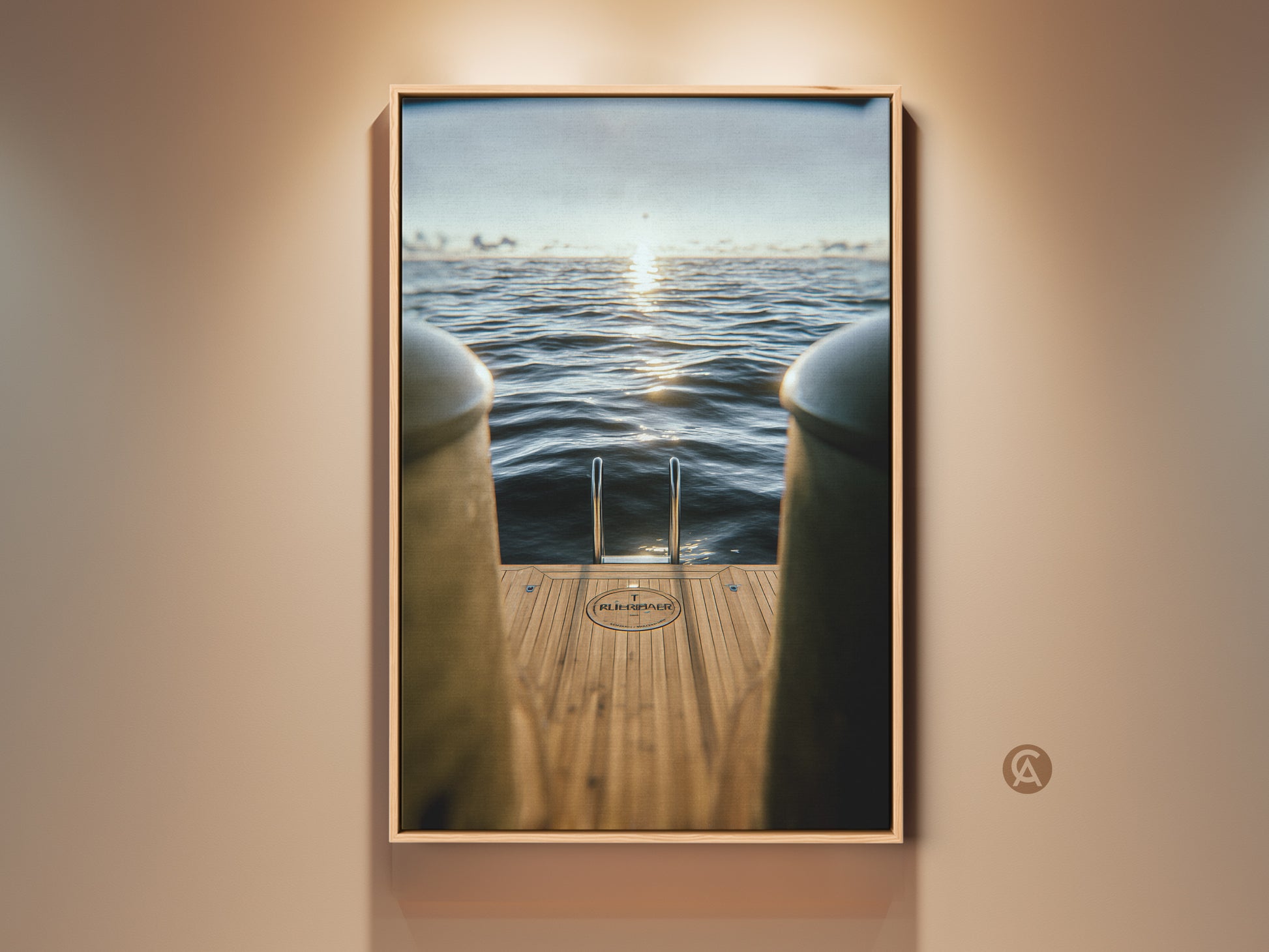 Experience nautical luxury with this contemporary art print. A yacht ladder descends into the ocean. The sunset adds a touch of gold. Perfect as coastal wall decor or a unique housewarming gift. The artwork brings serene ocean views indoors.