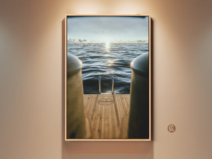 Experience nautical luxury with this contemporary art print. A yacht ladder descends into the ocean. The sunset adds a touch of gold. Perfect as coastal wall decor or a unique housewarming gift. The artwork brings serene ocean views indoors.