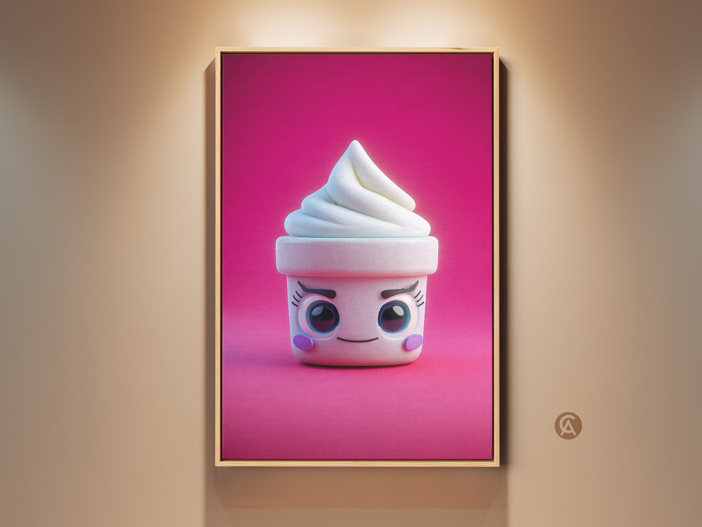Charming kawaii ice cream cone art print. This artwork is a cute soft serve against a pink magenta backdrop. It is perfect kids birthday gift art. This contemporary piece adds playful dessert artwork to any space.