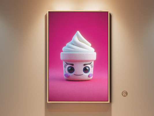 Charming kawaii ice cream cone art print. This artwork is a cute soft serve against a pink magenta backdrop. It is perfect kids birthday gift art. This contemporary piece adds playful dessert artwork to any space.