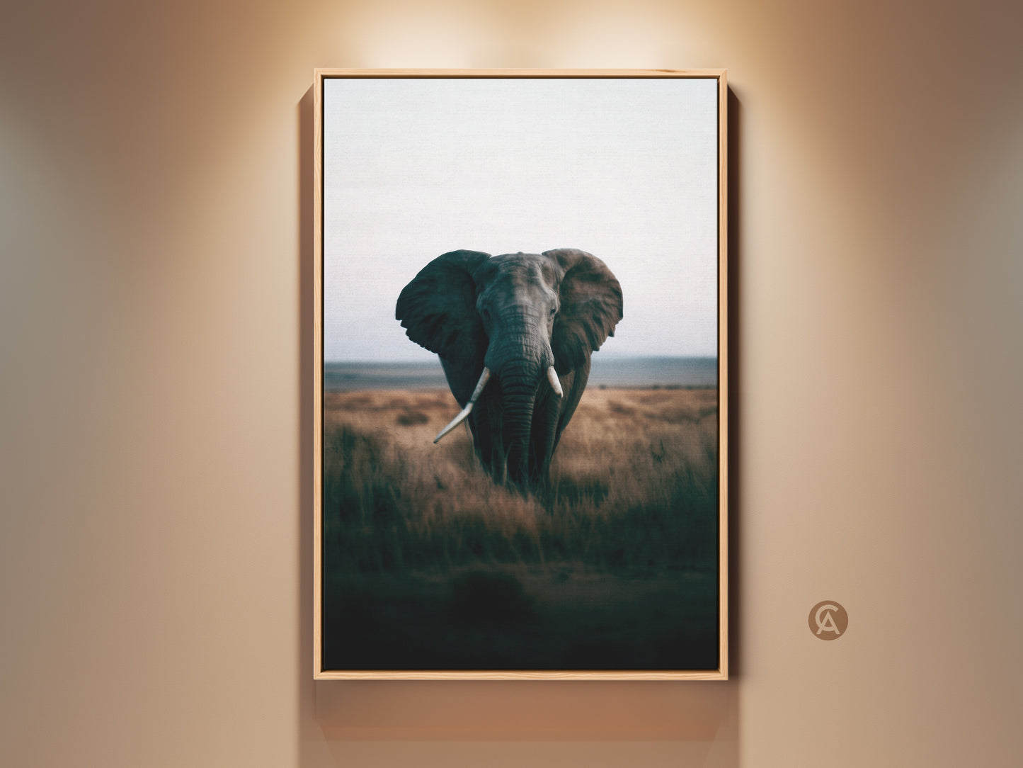 Elephant canvas art print in a modern frame. This wildlife photography captures an African savanna nature scene. Teal and brown tones create a contemporary animal decor piece. Perfect for adding natural elegance to your home. A thoughtful housewarming gift for wildlife lovers.