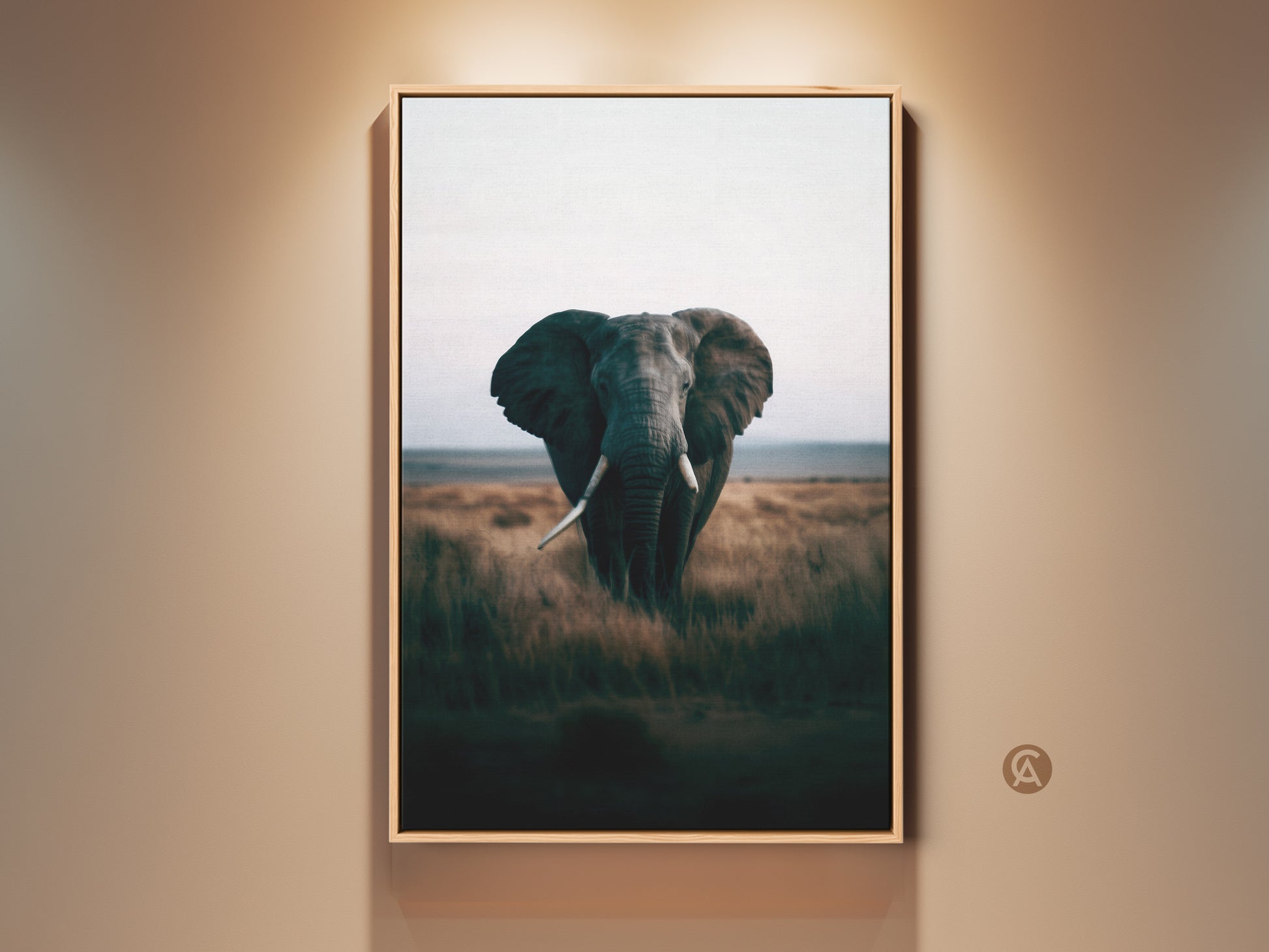Elephant canvas art print in a modern frame. This wildlife photography captures an African savanna nature scene. Teal and brown tones create a contemporary animal decor piece. Perfect for adding natural elegance to your home. A thoughtful housewarming gift for wildlife lovers.
