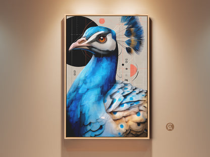 Framed Peacock wall art. This geometric bird print features a striking blue teal canvas decor. It is a contemporary animal art piece. This Modern home gift for art lovers is visually stunning.