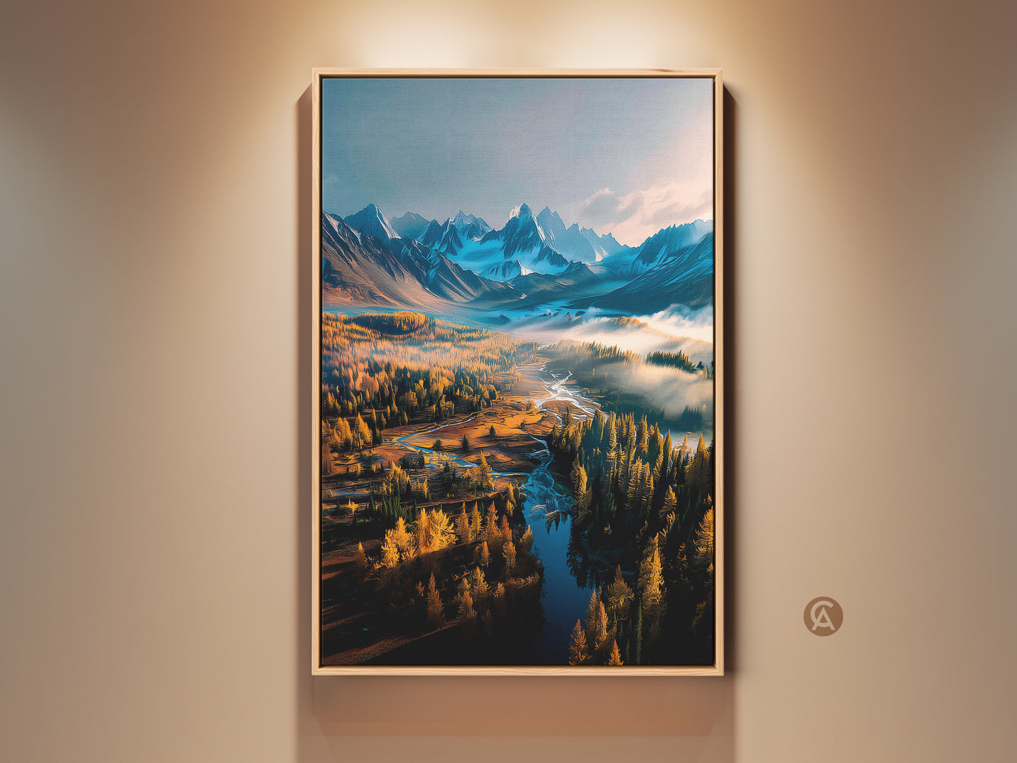 Framed canvas art print featuring a breathtaking aerial view of a mountain river landscape. The artwork captures the serene beauty of nature in a wooden frame. Perfect wall decor to bring the outdoors into your home. Shop now for landscape art prints