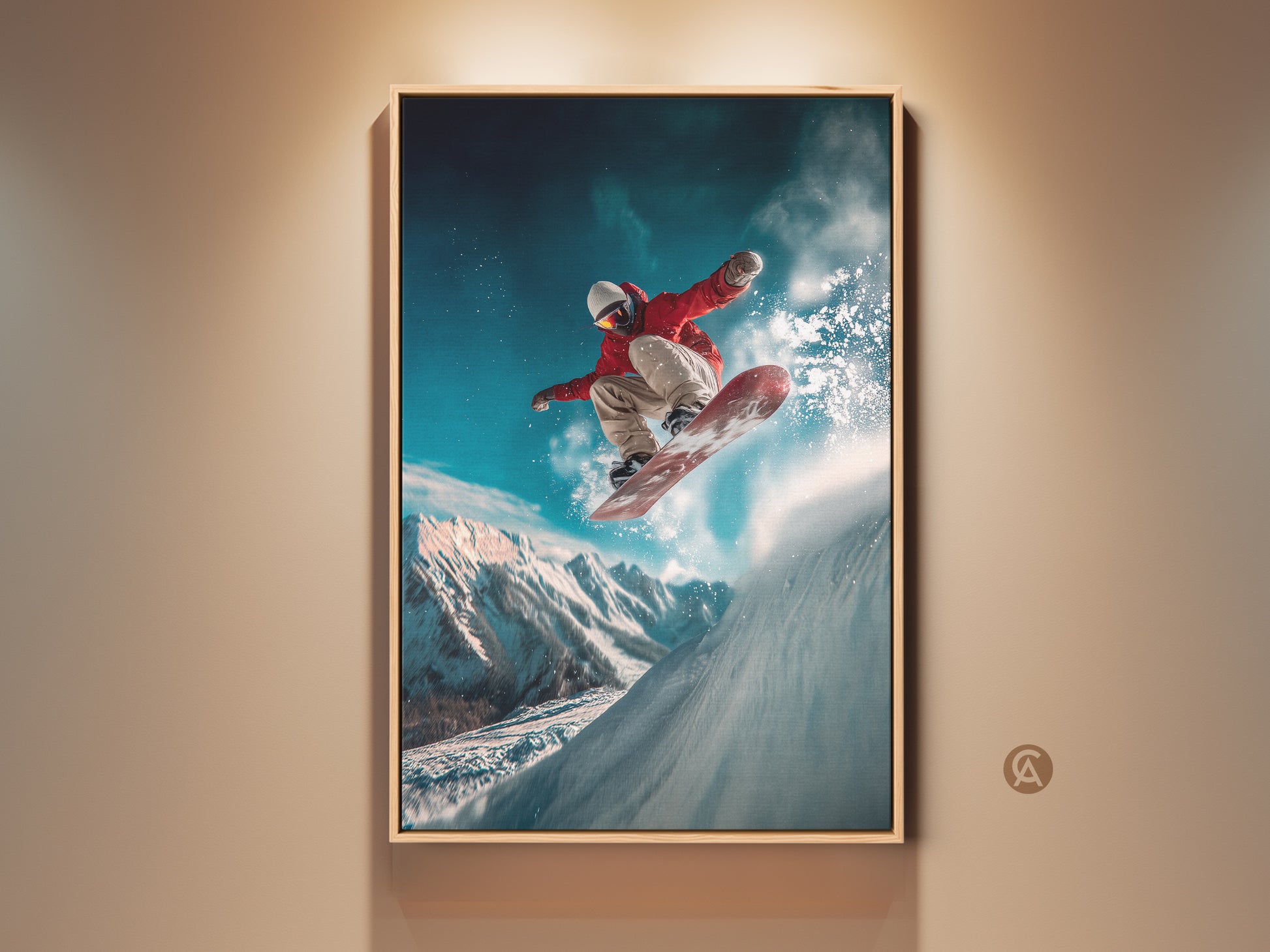 A snowboarder art print is displayed in a well lit room. The artwork features a snowboarder soaring through the air. The mountain backdrop adds depth. This wall art is perfect for sports enthusiasts.
