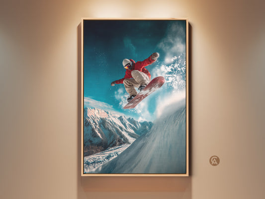 A snowboarder art print is displayed in a well lit room. The artwork features a snowboarder soaring through the air. The mountain backdrop adds depth. This wall art is perfect for sports enthusiasts.