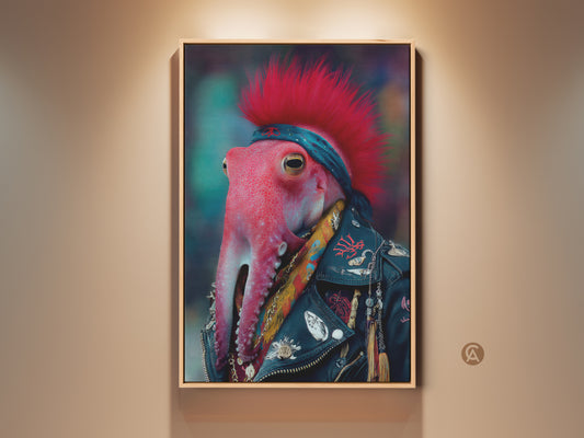 Framed Octopus Punk Rocker Canvas Art. This surreal animal canvas print is a music lover gift idea. Eclectic home decor for a man cave with a red punk octopus poster.