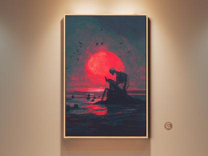 Gallery view of framed artwork depicting a skeleton sitting at the ocean during a red moon. This striking canvas art is perfect for adding a touch of gothic or macabre style. The framed canvas enhances the artwork's visual impact. Ready to hang and enjoy in any room. Shop now!