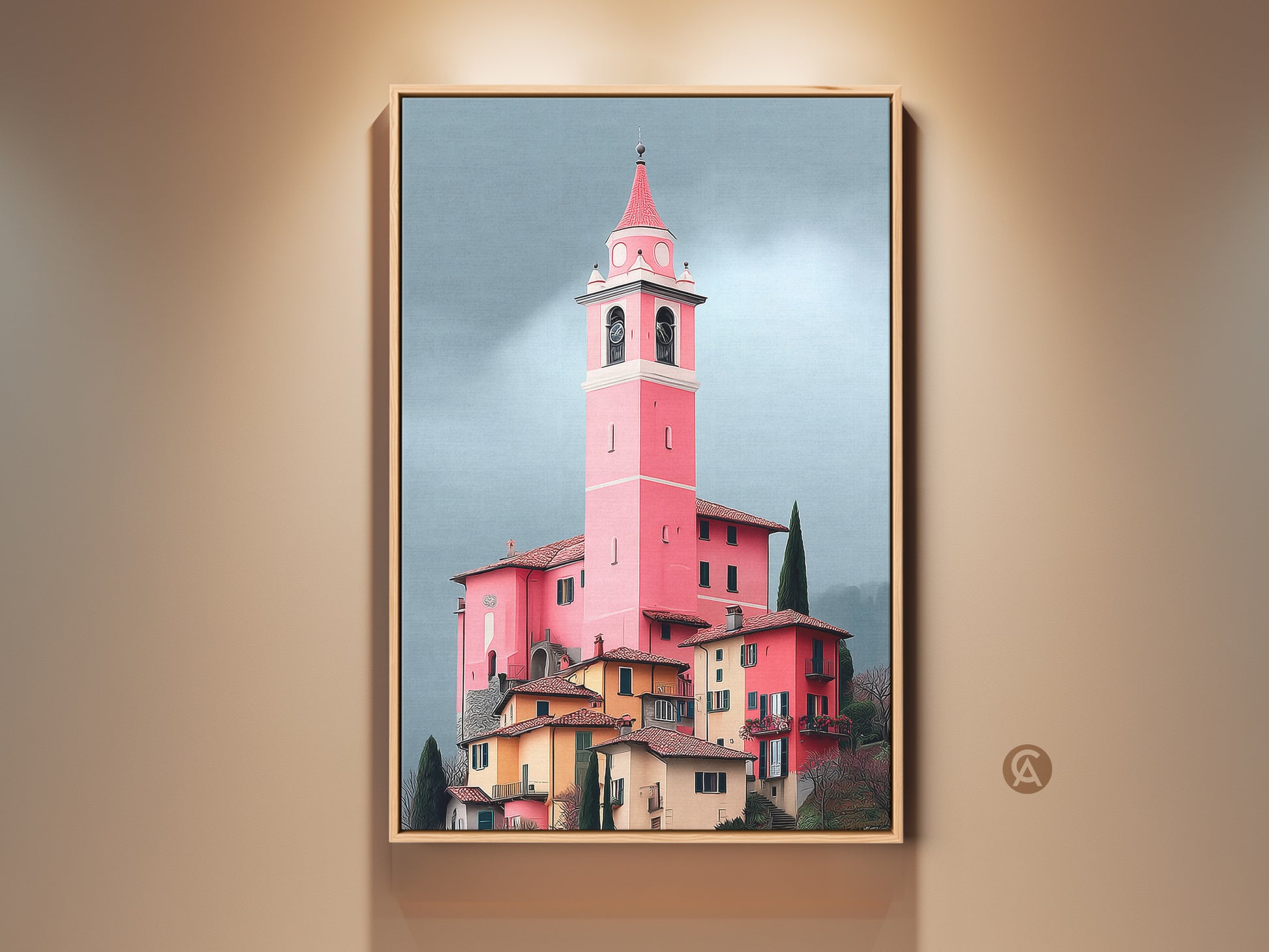 Framed pink church tower art print showcasing European village charm. Italian architecture painting displays eclectic wall decor. Travel inspired artwork adds a unique architectural element.
