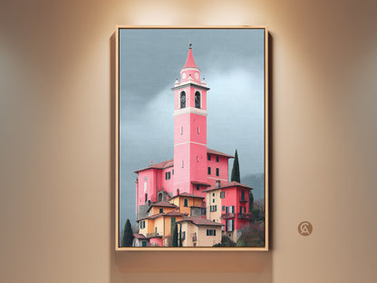 Framed pink church tower art print showcasing European village charm. Italian architecture painting displays eclectic wall decor. Travel inspired artwork adds a unique architectural element.
