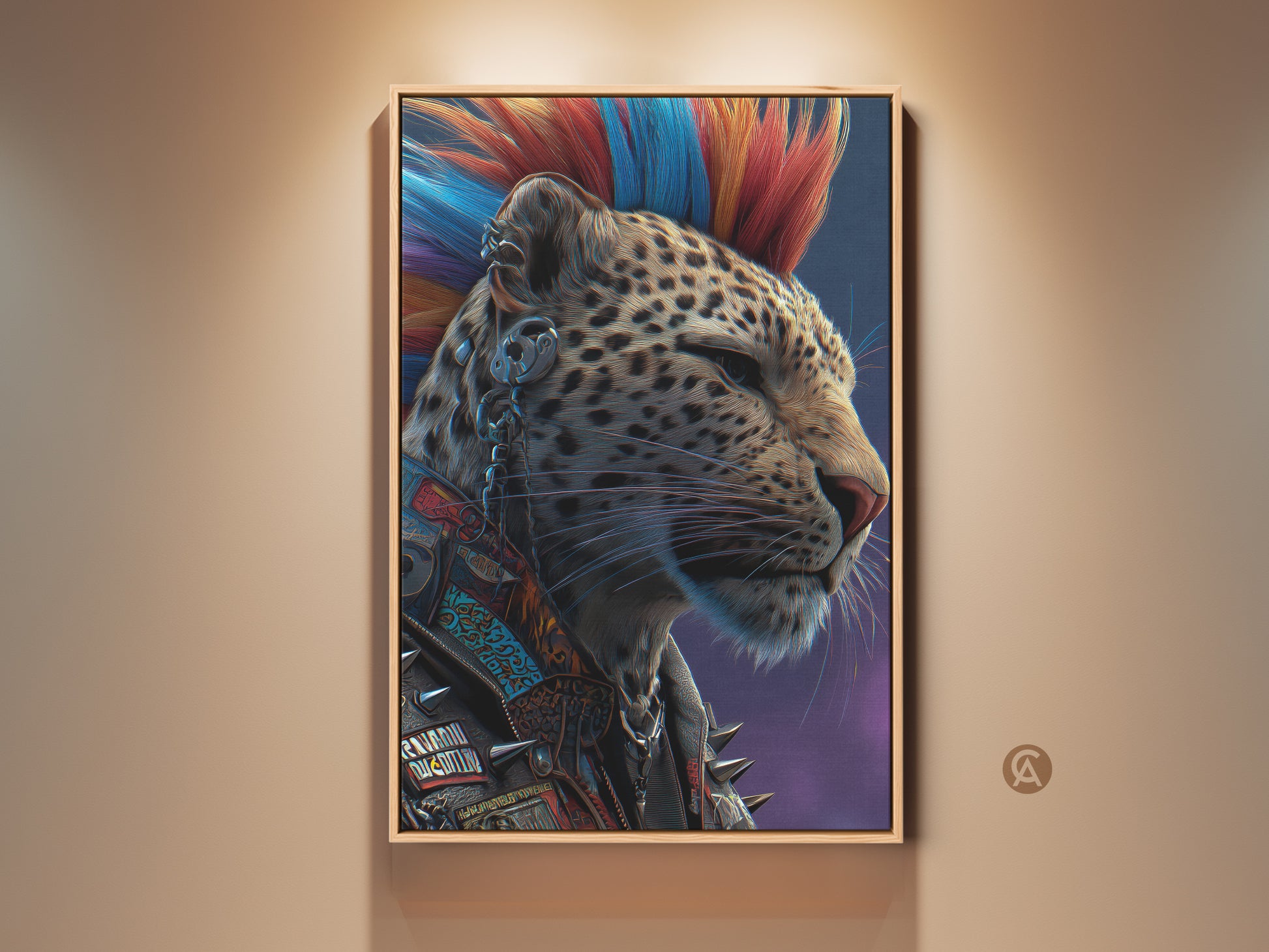 Framed Punk Leopard Canvas Print is ideal eclectic wall decor. The mohawk animal art features red and blue colors against a purple backdrop. It's perfect as rocker style decor or a unique birthday gift. This alternative home decor adds a rebellious touch to any space.