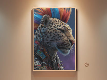 Framed Punk Leopard Canvas Print is ideal eclectic wall decor. The mohawk animal art features red and blue colors against a purple backdrop. It's perfect as rocker style decor or a unique birthday gift. This alternative home decor adds a rebellious touch to any space.