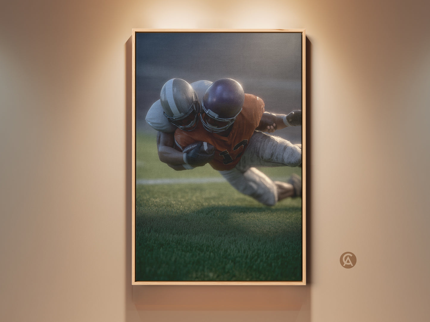 Realistic football player artwork in a wooden frame. This sports action canvas art adds a modern touch to office decor. A perfect gift for any football fan or sports enthusiast. The dynamic artwork captures the intensity of team sports. Ideal for man caves and collectors of sports-themed art.