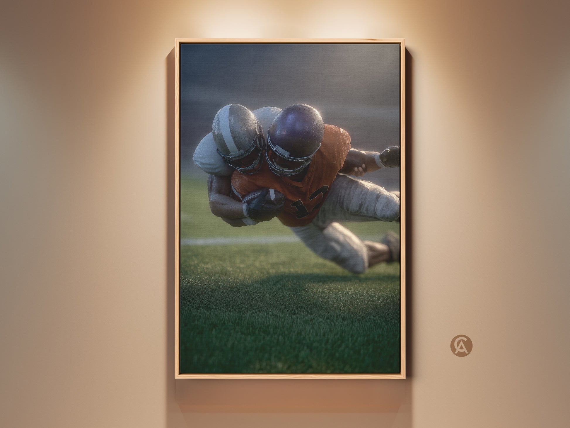 Realistic football player artwork in a wooden frame. This sports action canvas art adds a modern touch to office decor. A perfect gift for any football fan or sports enthusiast. The dynamic artwork captures the intensity of team sports. Ideal for man caves and collectors of sports-themed art.