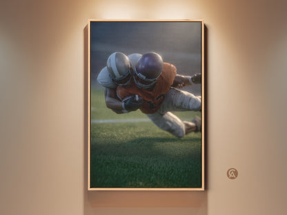 Realistic football player artwork in a wooden frame. This sports action canvas art adds a modern touch to office decor. A perfect gift for any football fan or sports enthusiast. The dynamic artwork captures the intensity of team sports. Ideal for man caves and collectors of sports-themed art.