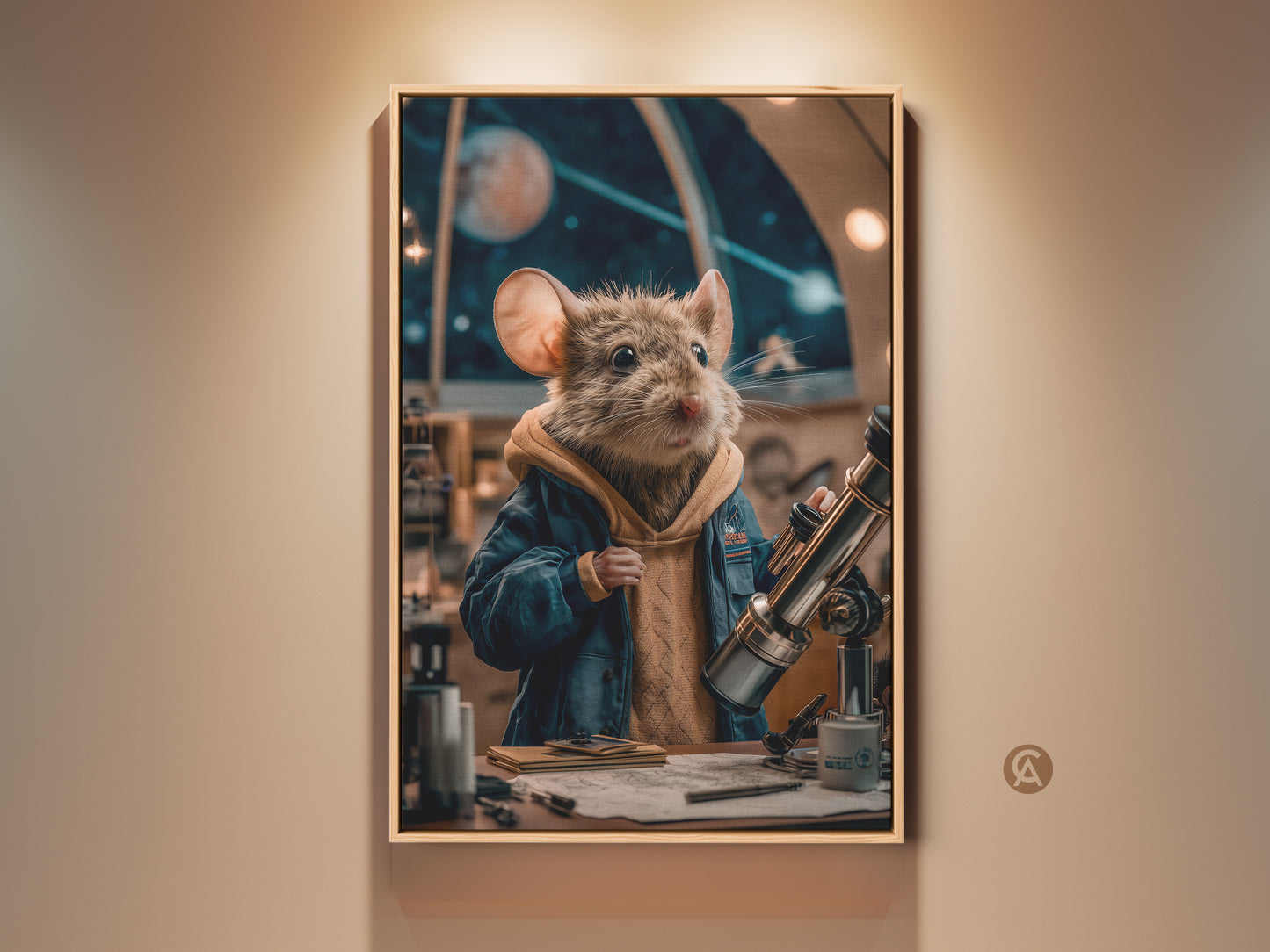 This celestial mouse art print features a space explorer on canvas. It is ideal whimsical study decor. The mouse astronomer gazes through a telescope in navy teal. This artwork makes a unique science lover gift and eclectic home decor piece.