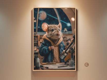 This celestial mouse art print features a space explorer on canvas. It is ideal whimsical study decor. The mouse astronomer gazes through a telescope in navy teal. This artwork makes a unique science lover gift and eclectic home decor piece.