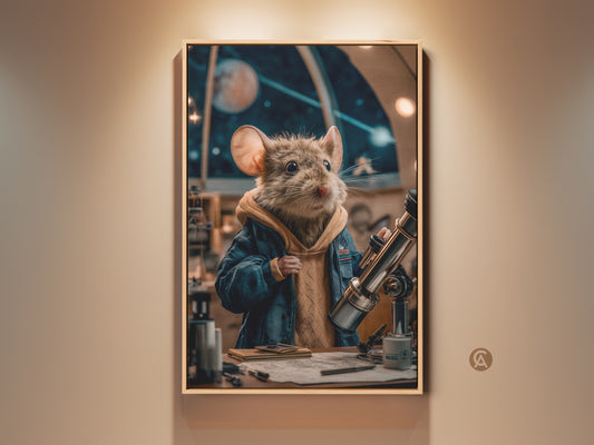 This celestial mouse art print features a space explorer on canvas. It is ideal whimsical study decor. The mouse astronomer gazes through a telescope in navy teal. This artwork makes a unique science lover gift and eclectic home decor piece.