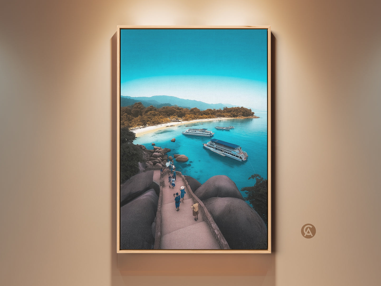 Framed coastal canvas art featuring an aerial island beach print. Turquoise ocean view with boats creates a serene landscape wall decor. Perfect housewarming gift idea. The art brings a summer vacation vibe. The premium canvas showcases a luxury boat art print. The island retreat artwork adds a touch of paradise.
