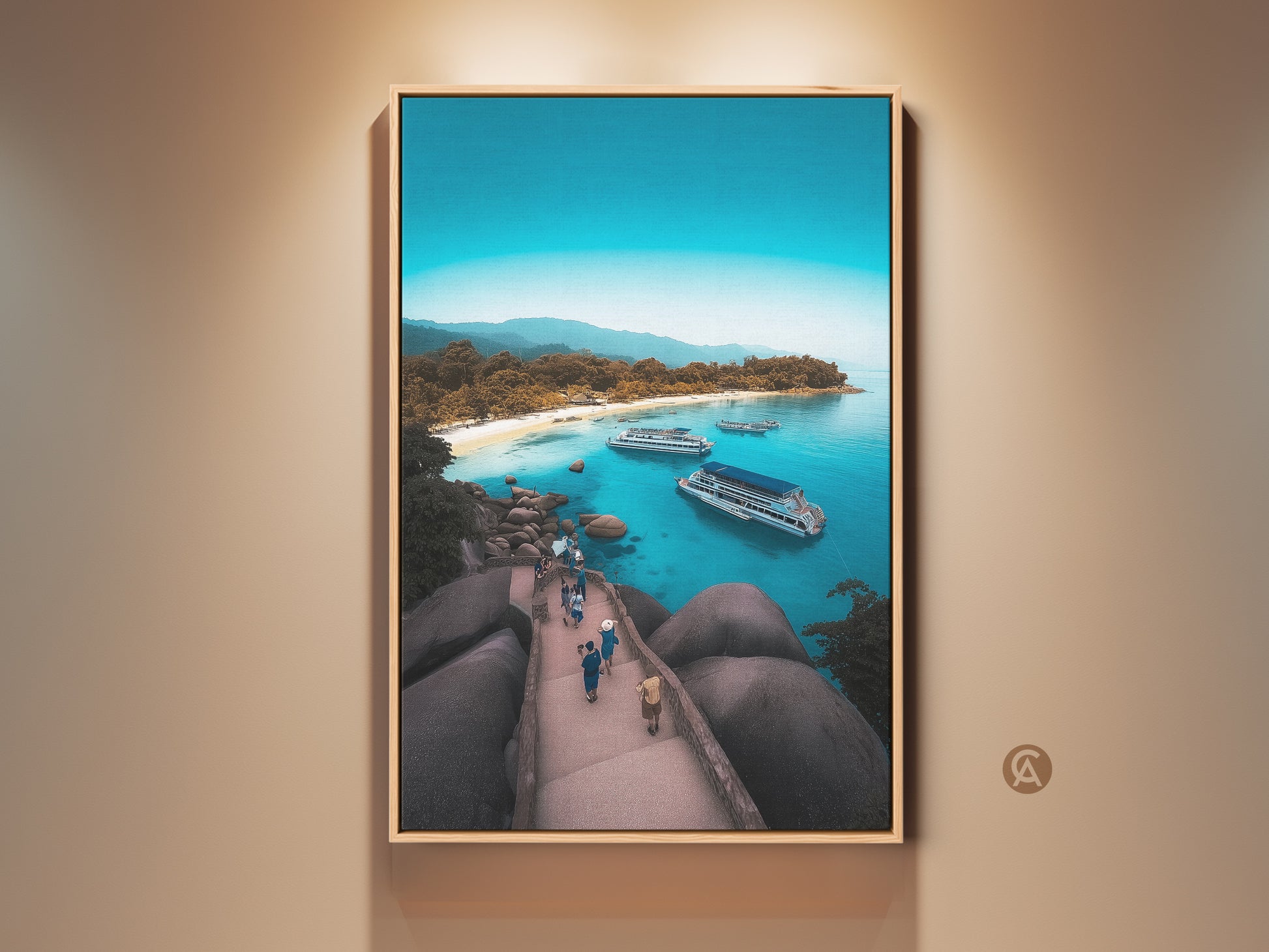 Framed coastal canvas art featuring an aerial island beach print. Turquoise ocean view with boats creates a serene landscape wall decor. Perfect housewarming gift idea. The art brings a summer vacation vibe. The premium canvas showcases a luxury boat art print. The island retreat artwork adds a touch of paradise.