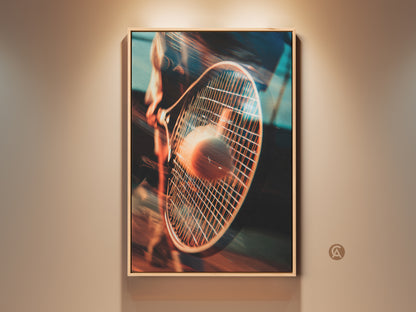 A dynamic tennis art piece. The artwork captures a tennis racket hitting a ball mid-swing. The gallery wall art adds energy to any room. Perfect for sports enthusiasts seeking unique decor.
