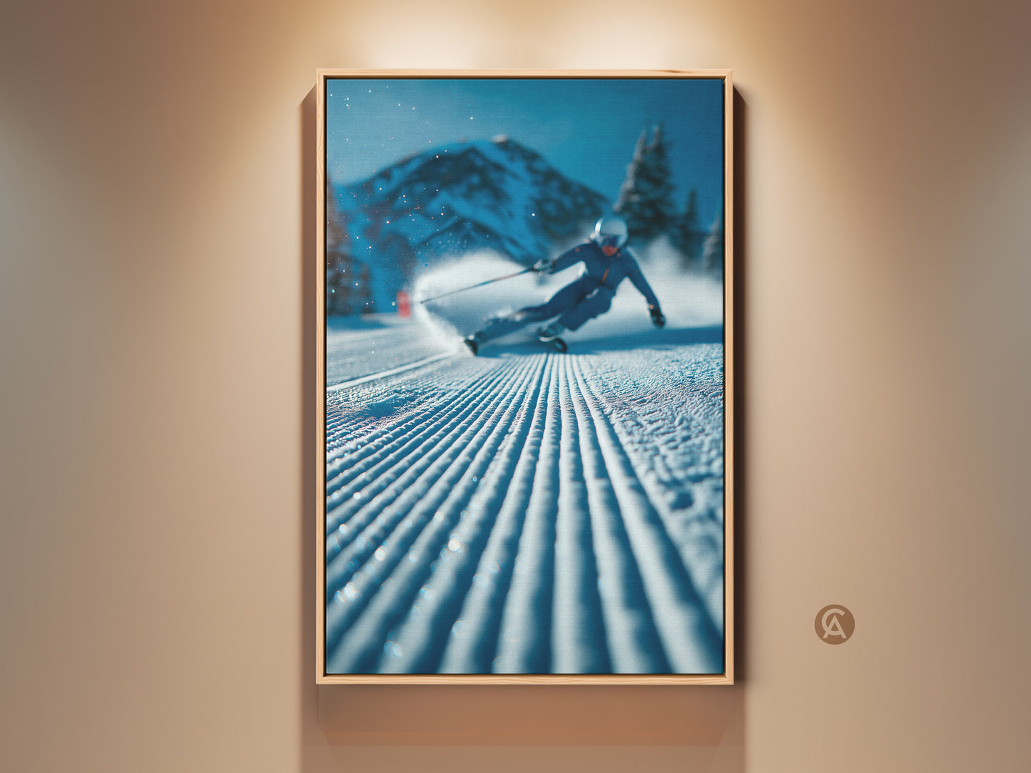 Eye-catching framed art showcasing a skier gracefully gliding down a pristine mountain slope. The artwork captures the essence of winter sports and the beauty of snow-covered landscapes. Perfect wall decor for ski enthusiasts. Elevate your space with this captivating piece of art.