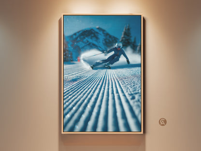 Eye-catching framed art showcasing a skier gracefully gliding down a pristine mountain slope. The artwork captures the essence of winter sports and the beauty of snow-covered landscapes. Perfect wall decor for ski enthusiasts. Elevate your space with this captivating piece of art.