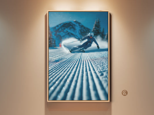 Eye-catching framed art showcasing a skier gracefully gliding down a pristine mountain slope. The artwork captures the essence of winter sports and the beauty of snow-covered landscapes. Perfect wall decor for ski enthusiasts. Elevate your space with this captivating piece of art.