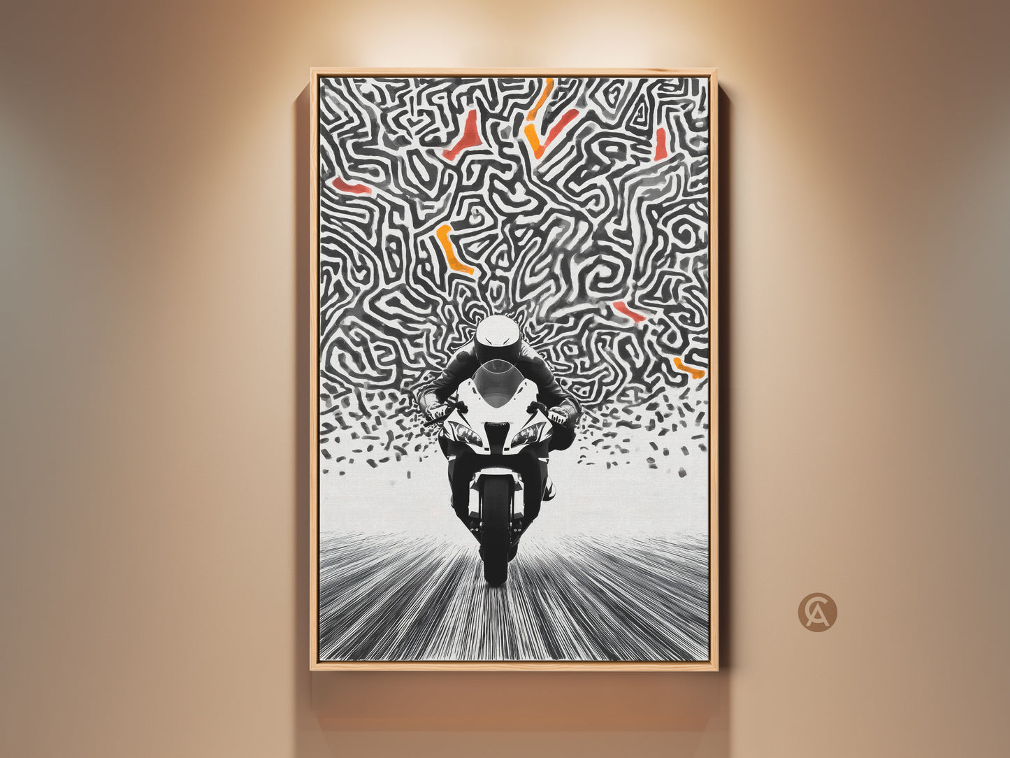 This modern motorcycle art print is a captivating piece. An abstract maze in black and white with orange accents forms the backdrop. A lone rider speeds toward the viewer in a striking display of motion. Perfect for a man cave office or garage. It embodies the spirit of speed racing and contemporary aesthetics.