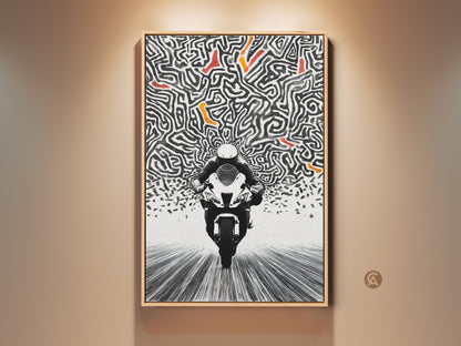 This modern motorcycle art print is a captivating piece. An abstract maze in black and white with orange accents forms the backdrop. A lone rider speeds toward the viewer in a striking display of motion. Perfect for a man cave office or garage. It embodies the spirit of speed racing and contemporary aesthetics.