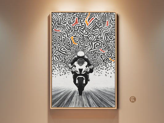 This modern motorcycle art print is a captivating piece. An abstract maze in black and white with orange accents forms the backdrop. A lone rider speeds toward the viewer in a striking display of motion. Perfect for a man cave office or garage. It embodies the spirit of speed racing and contemporary aesthetics.
