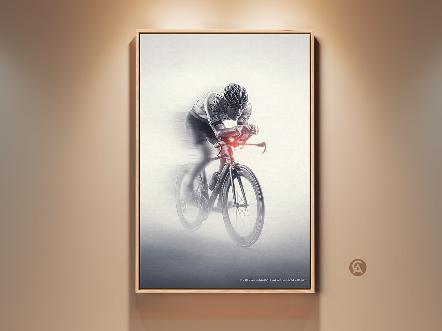 Monochrome cyclist canvas print showcases motion blur art. The racing bicycle wall art captures sports action. The speed decor features a subtle red accent. A dynamic gift for Dad or any cycling enthusiast. This artwork brings an energetic touch to any space.
