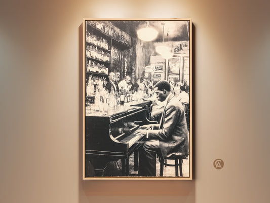 Monochrome artwork of a man playing piano in a bar. The piano is a grand piano. Many people are at the bar. The style is vintage. This artwork is a great addition to any home. Buy it today.
