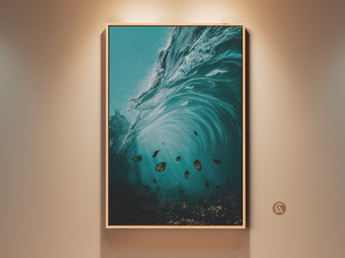 Deep teal and aqua coastal wave canvas print. The underwater ocean artwork shows fish and swirls. This surrealism style wall decor is a great beach house gift. Perfect tranquil ocean scene framed with oak.