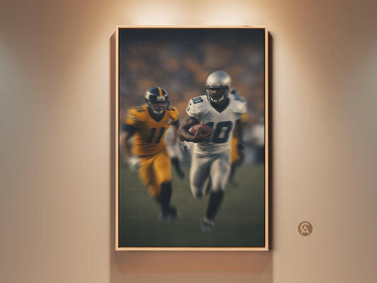Elevate your space with this modern football canvas art. A dynamic running back action print adds energy to any room. Perfect for office or man cave decor. It is a great gift for sports fans.