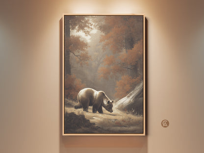 Rustic bear art print on wall. Sepia woodland landscape canvas adds warmth to your home decor. The autumn forest canvas brings nature indoors. Perfect housewarming gift for wildlife art lovers. The sepia tones create a cozy cabin feel.