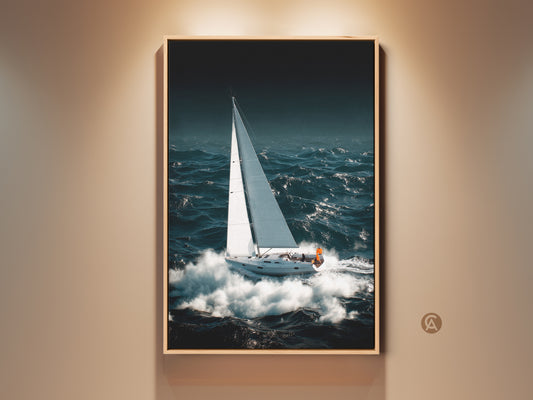 Coastal sailboat art print in a frame captures nautical ocean waves. This deep teal and white sailing theme brings a gift for boat enthusiasts. Enhance your space with maritime elegance adding dynamic energy.