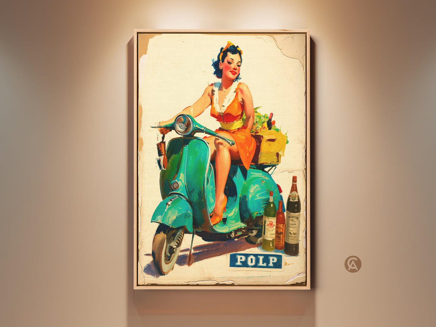 Vibrant artwork of a woman on a turquoise Vespa scooter. She is carrying wine and produce. This vintage-style art print adds retro charm to any room. A perfect piece for kitchen wall art or a unique gift.