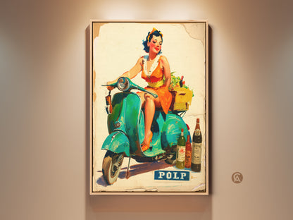 Vibrant artwork of a woman on a turquoise Vespa scooter. She is carrying wine and produce. This vintage-style art print adds retro charm to any room. A perfect piece for kitchen wall art or a unique gift.