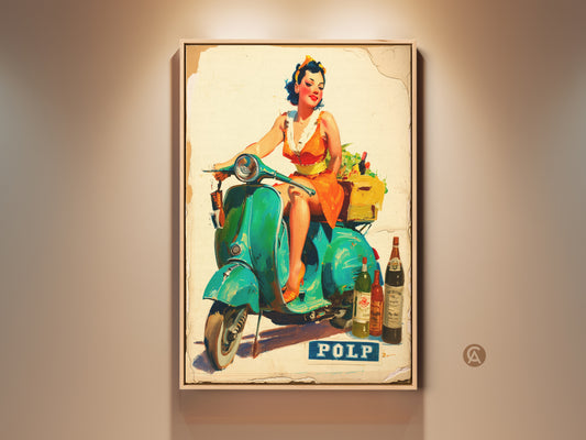 Vibrant artwork of a woman on a turquoise Vespa scooter. She is carrying wine and produce. This vintage-style art print adds retro charm to any room. A perfect piece for kitchen wall art or a unique gift.