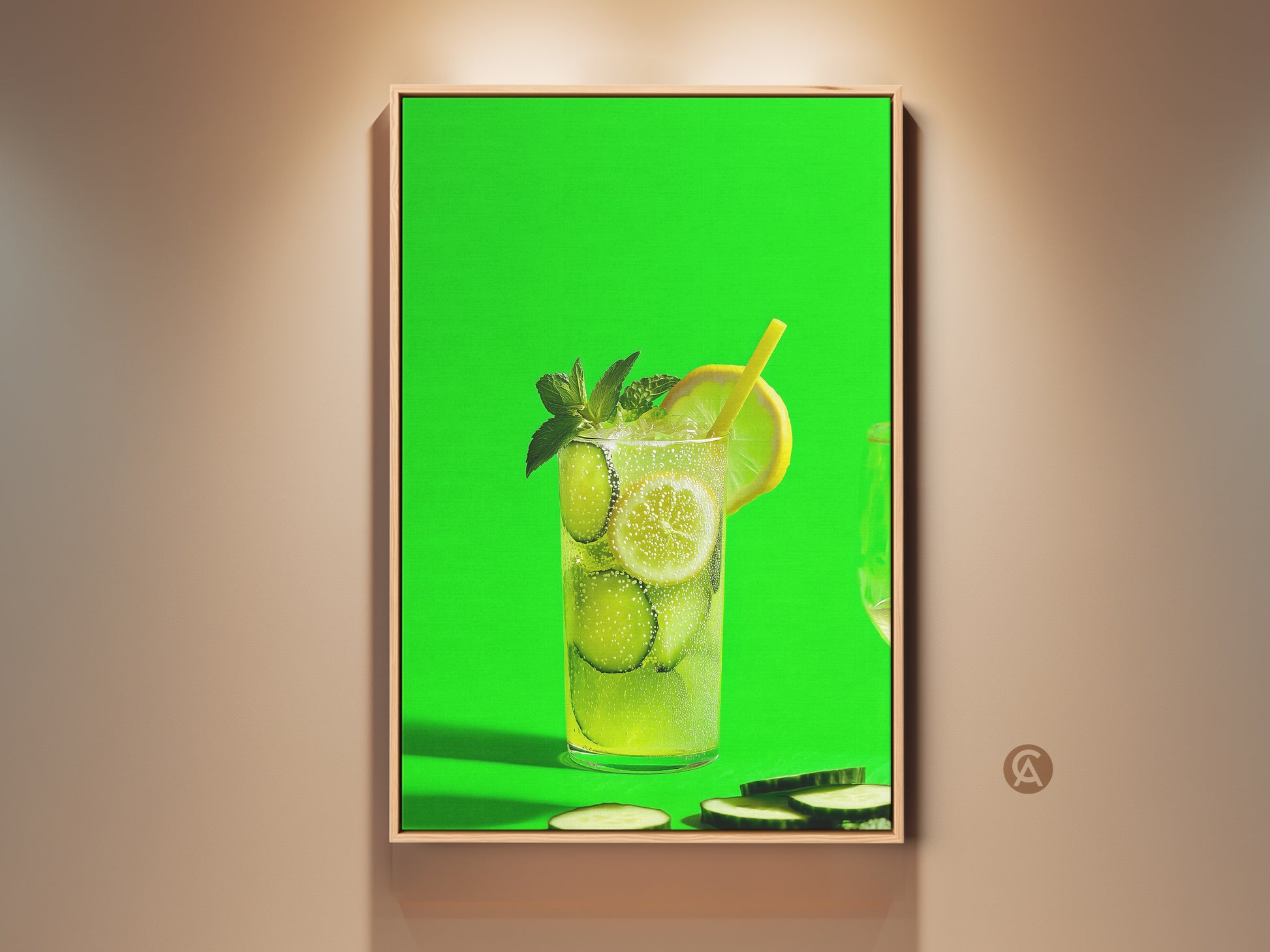 Framed lime green art print of a refreshing cucumber lemonade drink. This contemporary kitchen wall art features a summer refreshment canvas. The modern bar decor adds a vibrant touch. This artwork is perfect for home bar or kitchen decor.