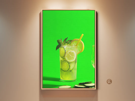 Framed lime green art print of a refreshing cucumber lemonade drink. This contemporary kitchen wall art features a summer refreshment canvas. The modern bar decor adds a vibrant touch. This artwork is perfect for home bar or kitchen decor.