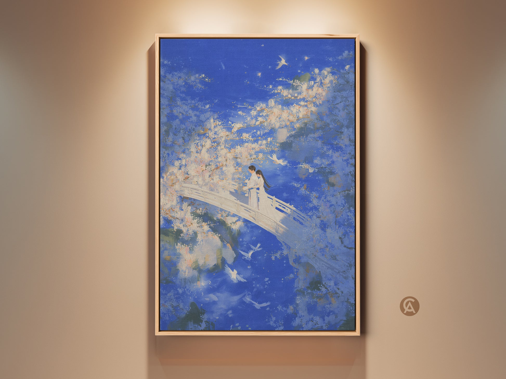 This painterly wall decor shows a Couple on a bridge. This Anniversary gift for couples has a dreamy blue sky and birds. The Boho bedroom decor has a deep blue and white palette.