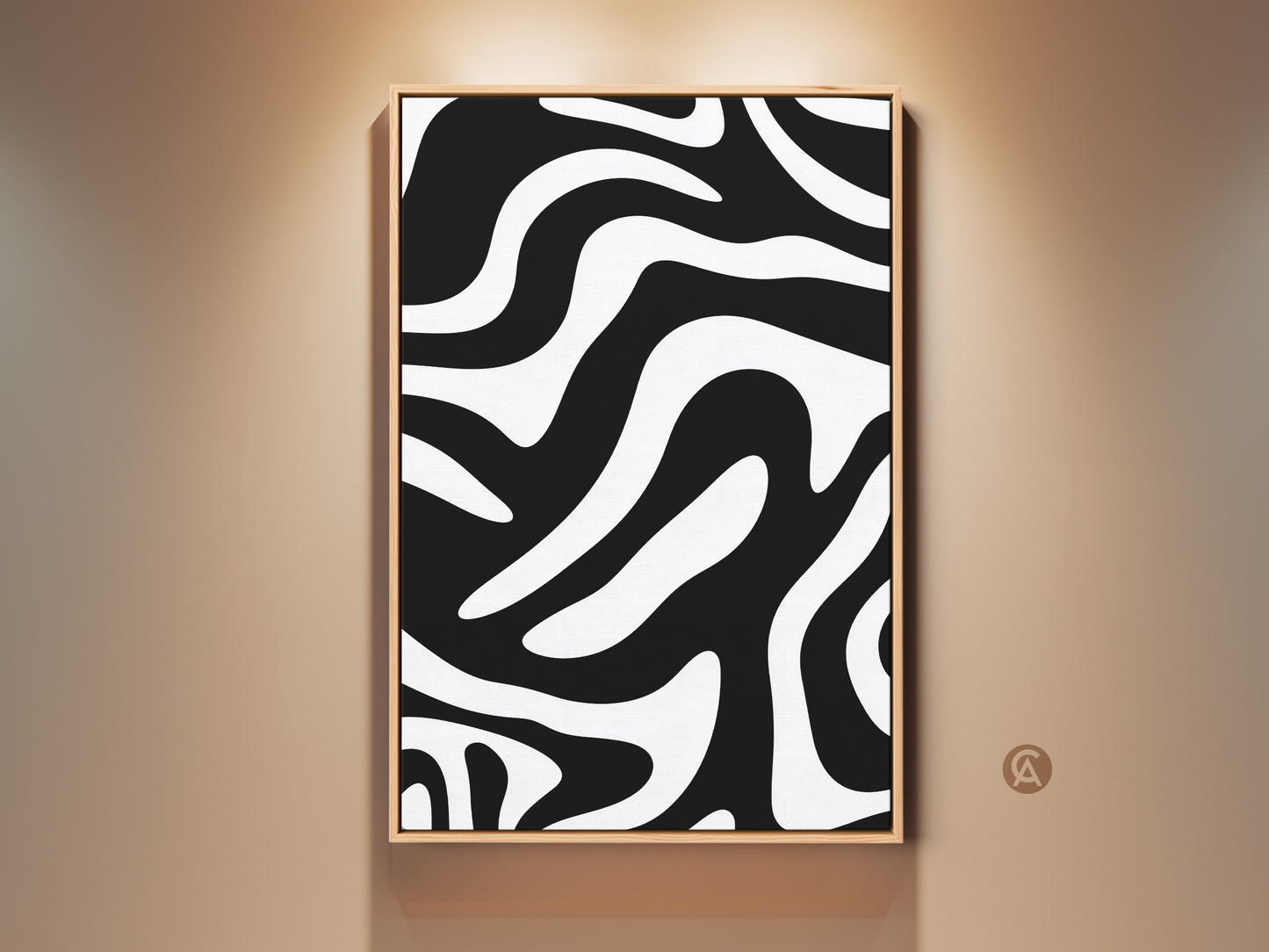 Gallery shot of a framed minimalist black and white zebra art print. The abstract wavy lines canvas creates a modern pattern. This contemporary decor piece is perfect for chic wall decor.