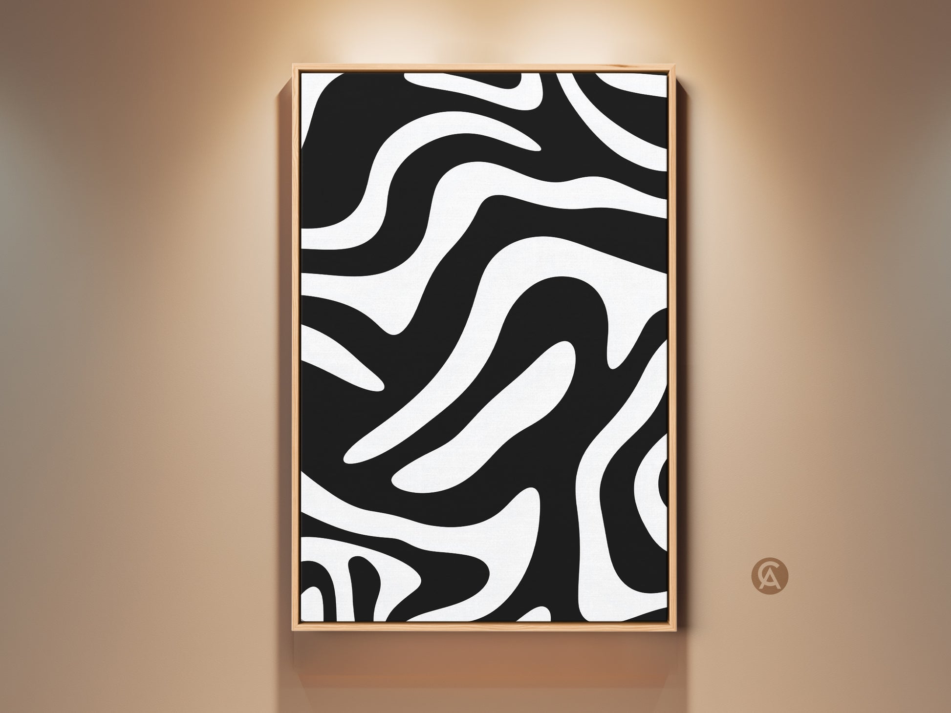 Gallery shot of a framed minimalist black and white zebra art print. The abstract wavy lines canvas creates a modern pattern. This contemporary decor piece is perfect for chic wall decor.