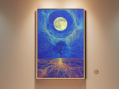 Deep blue cosmic tree canvas art featuring a surreal moon landscape. The artwork showcases a tree with celestial roots under a moonlit sky. This fantasy nature painting is perfect for stargazers and eclectic home decor. Add a touch of magic to any room with this cosmic wall print